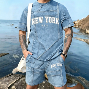 Camiseta de Moda Urbana Europea y Americana para Hombre, Top de Manga Corta, Pantalones Cortos, Traje Deportivo Informal de Verano, Imitación de Mezclilla, Cuello Redondo - Product Image 2