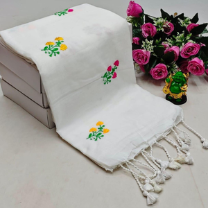 Dupatta blanc brodé à la main à motifs floraux – Étole ethnique en coton et soie avec pompons – Foulard indien tendance en gros - Product Image 3