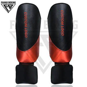 Protège-tibias de boxe personnalisés noir et rouge, meilleur fournisseur, pour entraînement de combat, en cuir, avec fermeture auto-agrippante, équipement de protection de boxe - Product Image 2