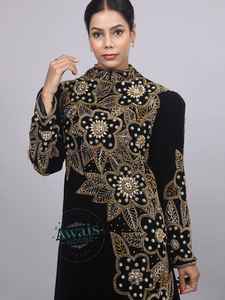 Imported Velvet Crystal Sequined Beading Solid Floor-Length Long Sleeve Modest Simple Abaya <b>Kaftan</b> <b>Dress</b> for Eid Occasions - Product Image 6