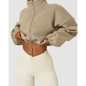 Sudadera corta de forro polar beige para mujer con cremallera, cuello alto, hombros caídos, manga larga, estilo oversize, ropa de otoño para mujer, ODM - Product Image 4
