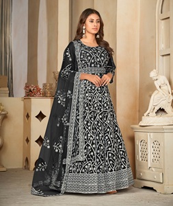 Traje Anarkali azul para mujer, de alta demanda, con mangas 3/4, de tela Santoon, semicosturado, para fiestas y bodas. - Product Image 2