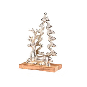 Encantadora Figura de Reno Plateado y Árbol de Navidad Montada Sobre una Base de Madera para Decoración Festiva y Exhibición en Mesa - Product Image 1