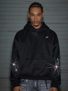 Sudadera con capucha para hombre con diseño de mangas con pedrería, de felpa de algodón grueso, estilo oversize, ropa urbana, logotipo personalizado, suministro al por mayor - Product Image 4
