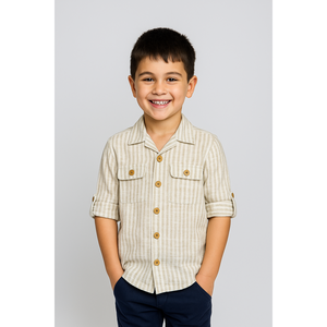 Chemise décontractée en lin pour garçons à rayures beiges et blanches - Product Image 1