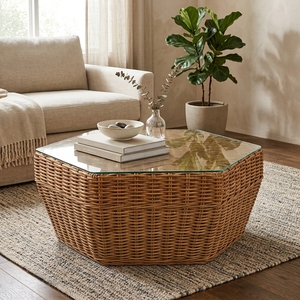 Mesa de Centro de Estilo Antiguo Tradicional Sakai, con Tapa de Ratán Tejido Natural, Muebles para Sala de Estar y Comedor - Product Image 5