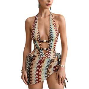 Maillot de bain une pièce personnalisé pour femme, col en V profond, dos nu, crocheté, rayé, avec cordon de serrage, design ajouré, extensible - Product Image 3