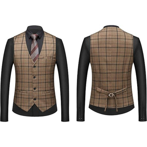 Costume 3 pièces pour homme, style britannique, à carreaux, 100% coton, tenue de cérémonie, double boutonnage, col mandarin, plissé, anti-plis, pour adultes - Product Image 4