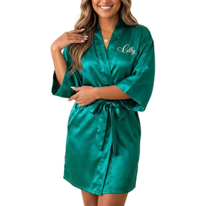Personalized Luxurious Pink <b>Satin</b> Bridesmaid <b>Robe</b> Short Sleeve Mandarin Collar Knee Length Heat Transfer Printing Back Women's - Product Image 1