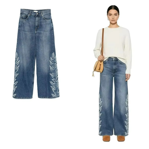 Wholesale Medium Wash Wide Leg Women's Jeans With Side Embroidery Casual Loose Denim Jeans Women 100% Cotton Fashion - Product Image 1