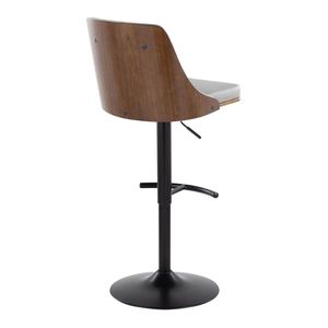 Sgabello da Bar Gianna Stile Mid-Century Moderno, Regolabile e Girevole, in Metallo Nero e Legno di Noce, Seduta Arrotondata in Ecopelle Grigio Chiaro - Product Image 4