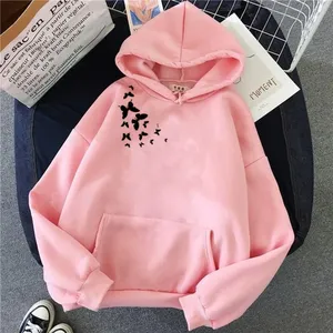 <b>Pink</b> Unisex Hooded <b>Sweatshirt</b> Oversized Cotton Print Butterfly Pocket Casual Autumn Wear - Product Image 1