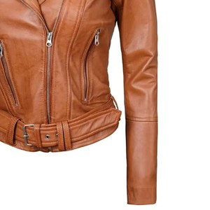 Chaqueta de Motociclista de Cuero Genuino para Mujer, Color Marrón, Manga Larga, Cierre de Cremallera, Cuello Alto, Estilo Biker, Resistente al Viento para Otoño - Product Image 5
