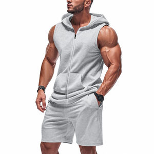 Conjunto de Dos Piezas para Hombre, Invierno, 100% Algodón, Chaleco con Capucha sin Mangas y Pantalones Cortos, Tallas Grandes, Ecológico, para Gimnasio y Fitness - Product Image 2