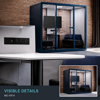 Cabine de réunion de bureau moderne bleue avec façade en verre, sièges rembourrés et table de collaboration compacte
