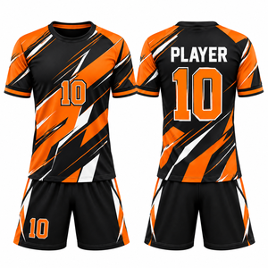 Uniforme de Fútbol Personalizado, Diseño Geométrico Negro y Naranja, Sublimado, Absorbente de Humedad, Manga Corta, Unisex para Adultos, Corte Atlético - Product Image 1