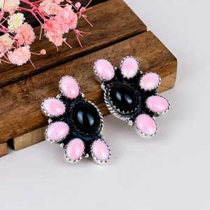 Pink Conch Black Onyx Sterling <b>Silver</b> <b>Stud</b> <b>Earrings</b> Southwestern Boho Jewelry - Product Image 1