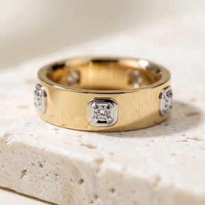 Two Tone Flat Profile Yellow Gold Wide <b>Mens</b> Bezel <b>Set</b> Lab Diamond Emerald Cut Rhodium Plated Solid Wedding Band by RAAMAA - Product Image 3