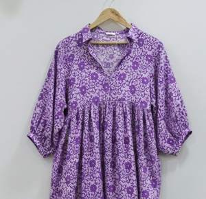 Vestido Túnica Indio Hecho a Mano 100% Algodón para Mujer |   Ropa Formal de Oficina Ecológica y Transpirable, Corte en A, Cintura Natural, Estampado Floral - Product Image 3