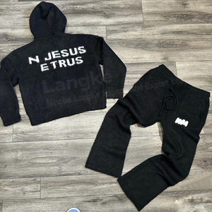 ชุดวอร์มขนแพะโมแฮร์คุณภาพสูงพร้อมโลโก้สั่งทำพิเศษสำหรับผู้ชาย เสื้อฮู้ดซิปและกางเกงขายาวทรงบาน ชุดถักสำหรับฤดูหนาว - Product Image 3