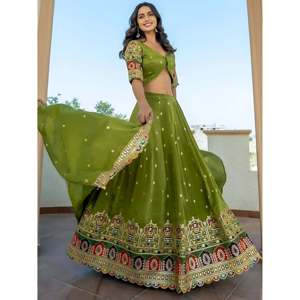 Dazzling Green Embroidered Silk Mehendi Wear Lehenga Choli for <b>Wedding</b> - Product Image 6