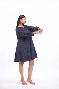 Vestido de Algodón para Mujer, Estilo Casual, Holgado, Manga Larga, Mini Vestido, Color Sólido, Cuello Fruncido - Product Image 4