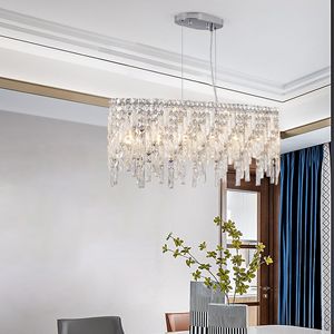 Moderno argento elegante lampadario di cristallo ovale cristalli pendenti riflettenti lampada da soffitto per sala da pranzo luci pendenti - Product Image 2
