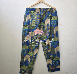 Handmade 100% Cotton Flock Print Summer Eco-Friendly Breathable Comfortable Blue <b>Floral</b> <b>Trousers</b> Indian Women Casual Pants - Product Image 4