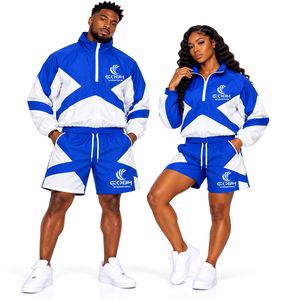 Conjunto Deportivo Unisex Azul y Blanco con Estampado Geométrico, Chaqueta con Cierre de Cremallera, Pantalones Cortos de Secado Rápido para Primavera - Product Image 2