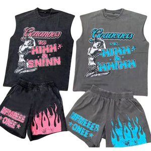 Ensemble 2 pièces personnalisé : T-shirt sans manches en coton et short pour homme, imprimé sérigraphié, effet délavé à l'acide, ourlet brut, style décontracté jogger - Product Image 6