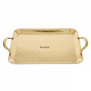 Nouveau plateau de service rectangulaire en métal martelé plaqué or avec poignées pour table basse, décoration de fête et de maison de luxe - Product Image 5
