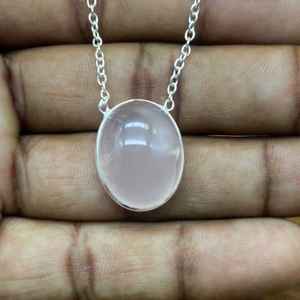 Collar de Plata de Ley 925 hecho a mano, cadena de diseñador de piedras preciosas de cuarzo rosa, colgante de forma ovalada, joyería fina para regalo de aniversario - Product Image 2