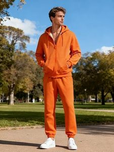 Men's <b>Orange</b> Hooded Tracksuit Full Sleeve Solid Color Casual 100% Cotton Breathable Regular Fit Autumn Wear - Product Image 1