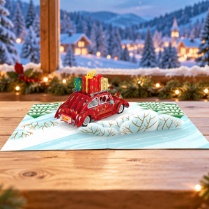 Carte pop-up 3D de Noël avec Père Noël au volant d'une voiture, animaux et grand bus de Noël, carte origami, enveloppe, carte de vœux faite à la main, cadeau spécial - Product Image 4