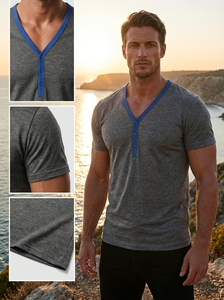 Men's V-Neck Short Sleeve Knitted Jersey T-Shirt 100% Cotton Solid Color Contrast Trim Slim Fit Casual Breathable 200 Grams - Product Image 2