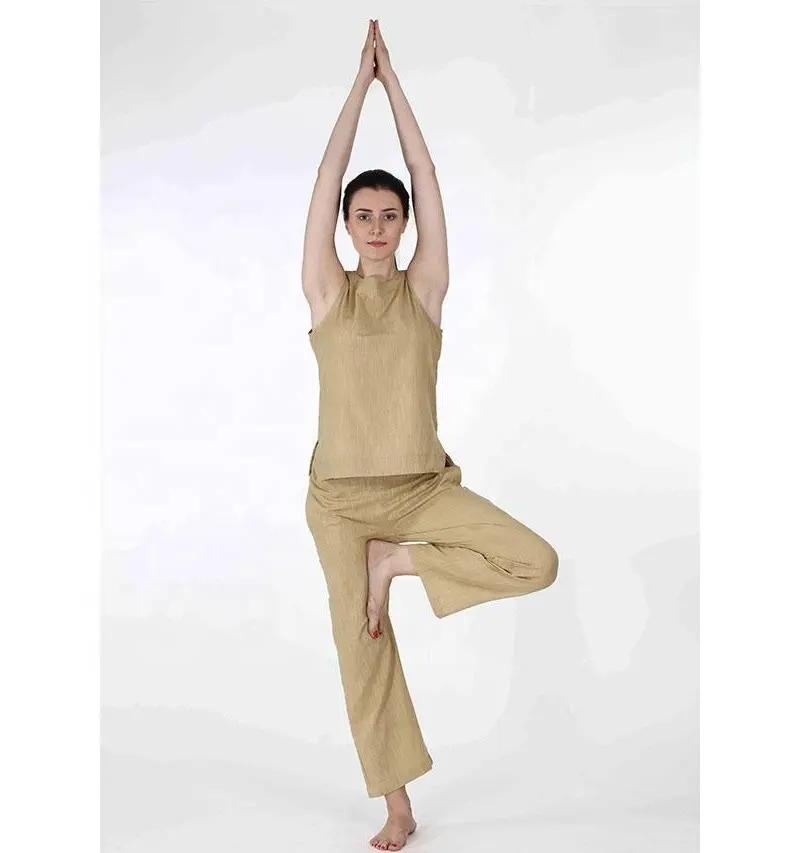 Comfy & Stylish Beige Sleeveless Cotton Yoga Wear Made With Pure Cotton This Outfit Will Keep You Comfortable All Day Long