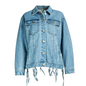 Chaqueta vaquera azul lavado para mujer con cordones en la espalda, detalle de ganchillo, manga larga, cuello vuelto, abrigo de primavera con costuras en contraste - Product Image 1