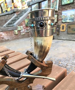 Viking Horn Beer <b>Mugs</b> With Wooden Stand And Decorative Sword Holder Floral Pattern Gold Plated Vintage Style For Party Adult Use - Product Image 5