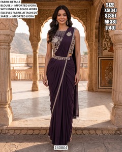 Sari élégant violet pour femme, longueur ras du sol, avec chemisier perlé, idéal pour les mariages, de Shree Krishna Textiles, infroissable - Product Image 4