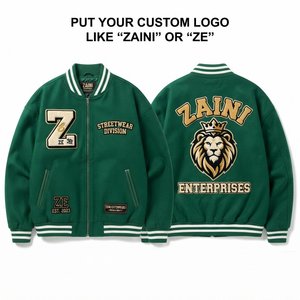Chaqueta Bomber Verde Premium de 320 GSM 100% Poliéster, Estilo Urbano, con Bordado Chenille, Parches Varsity, Detalles con Logotipo Personalizado, Impermeable - Product Image 1