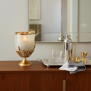 Decorative Antique Style Golden Brass Candle Stand With Frosted Glass Holder And <b>Leaf</b> Design For Home Decoration - Product Image 3