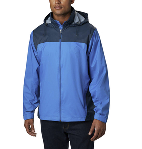 Men's Blue Color Blocked Soft Shell Hooded <b>Jacket</b> With <b>Zip</b> Fly And Pockets For Outdoor Use - Product Image 1