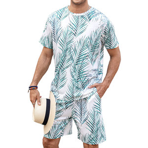 Ensemble chemise et short pour homme, imprimé palmiers tropicaux, tenue décontractée d'été, short en coton tricoté respirant, t-shirt assorti, taille XL - Product Image 4