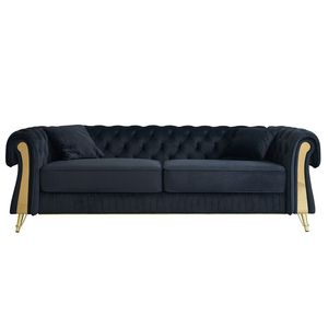 Divano Chesterfield Moderno 89 W in Velluto Nero Trapuntato per Soggiorno con Due Cuscini e Due Cuscini Decorativi - Product Image 2