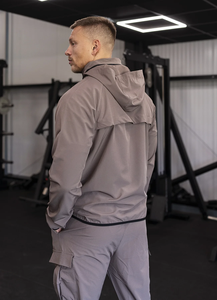 Ensemble de survêtement à capuche pour homme, gris uni, en polyester tricoté, vêtements décontractés d'extérieur, veste et pantalon respirants et coupe-vent pour l'automne - Product Image 4