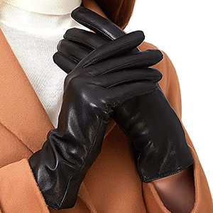 Gants en cuir véritable noir pour femme, longueur poignet, doublure cachemire, thermiques, compatibles écran tactile, style uni, pour l'hiver, décontractés, usage quotidien et extérieur - Product Image 1