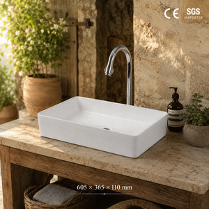Rectangle Ceramic Wall Mount Bathroom <b>Sink</b> Minimalist Design Smooth Surface White - Product Image 4