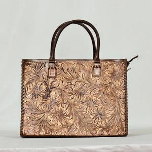 Brown Genuine Leather Tote <b>Bag</b> With Zipper Closure Minimalist Style Daily Use Genuine Leather Tote Floral Daily Use Tote <b>Bag</b> - Product Image 1