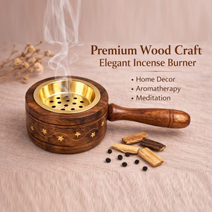 Brûleur d'encens rustique en bois avec incrustations étoilées et insert en métal doré perforé pour la décoration intérieure et l'aromathérapie - Product Image 6