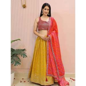 Majestuoso Lehenga Choli Amarillo Bordado Tradicional para Mujer - Product Image 3